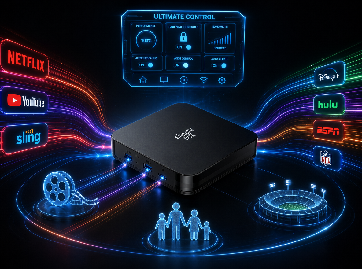 TV app hub interface with SlingTV Box