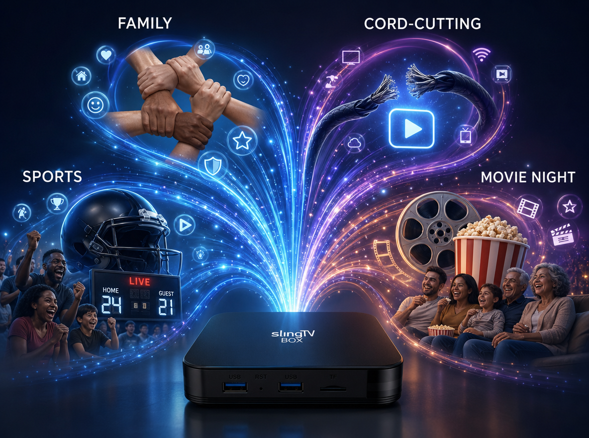 Family watching TV with an organized app hub